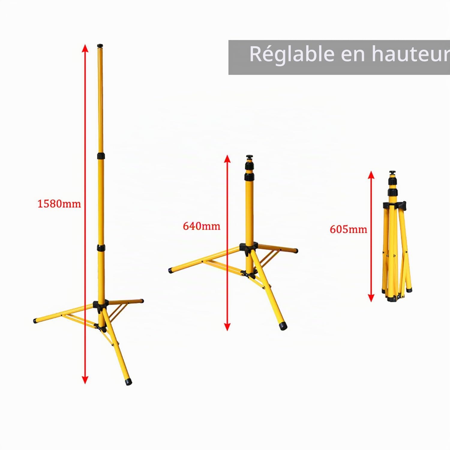 Trépied de chantier télescopique LED acier hauteur réglable 1,60 m