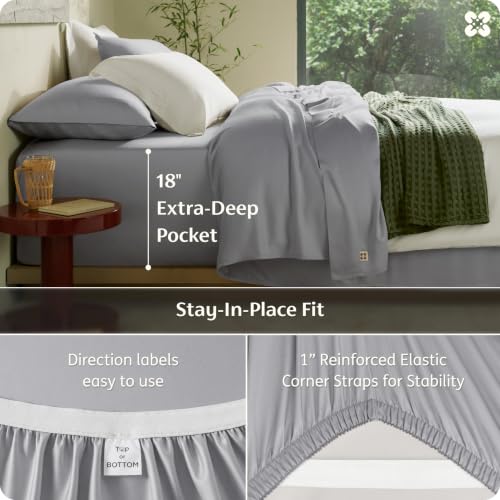 Image of Bedsure 100% Organically Grown Bamboo Viscose King Size Sheets Set | Cooling Bedsheets for Hot Sleepers | Luxury Silky Soft PureWoven | 18 inch Deep Pocket with Corner Straps | Oeko-Tex Certified [Grey]