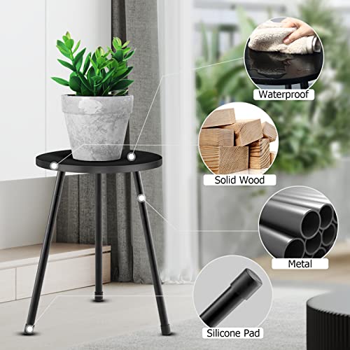 Kinnary Plant Stand Indoor, Mid Century Wood Plant Stand Black Plant Table For Flower Pots, Tall Metal Plant Holder, Modern Home Decor Small Round Side End Table (11.8"X16") #TOP2