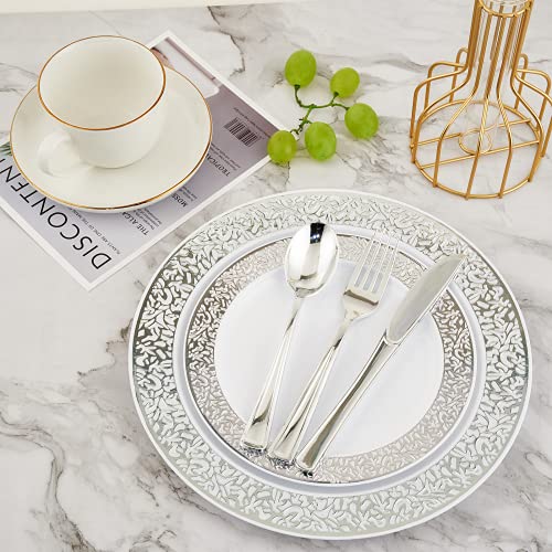 210 Count Silver Plastic Dinnerware, Silver Disposable Plates, Includes 30 Dinner Plates 30 Dessert Plates & 30 Cups & 30 Linen Like Silver Paper Napkins & 30 Plastic Silverware Set, Plastic Dinner Plates #TOP2