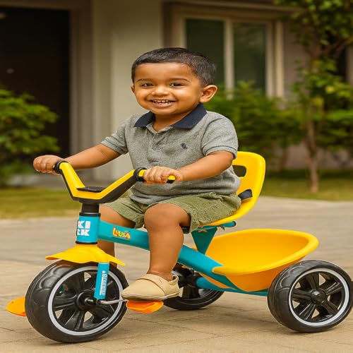 Image of Luusa KICK TRICYCLES for Kids | Kids Tricycle with Adjustable Seat Belt and Safety Features | Durable Frame | Suitable for Ages 1-5 Years | Multiple Colors Made in India (Yellow)