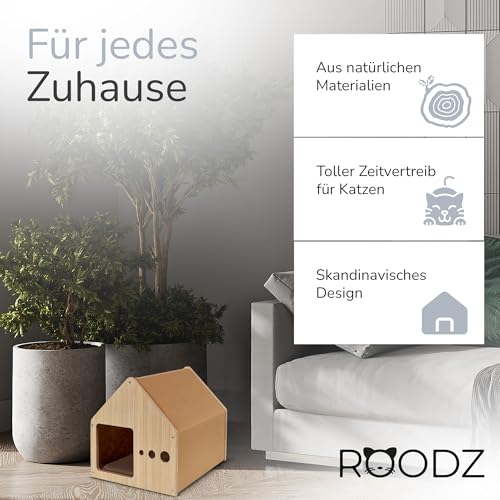 ROODZ 2-in-1 Kratz- & Loungehöhle für Katzen – Echtholz & Kratzvlies – Gemütliche Katzenhöhle