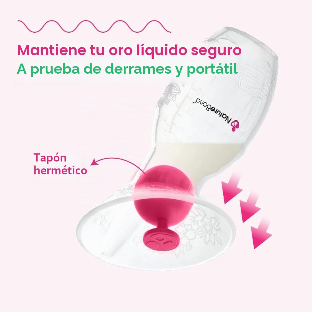 Colector de leche materna/Sacaleches de NatureBond. Extractor de leche silicona, con tapa todo en uno, bolsa de transporte, sellado al vacío, de Sin BPA. 100% silicona de grado alimenticio