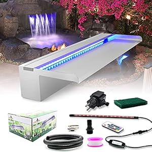 LONGRUN Pool Wasserfall Edelstahl mit breiterer Wasserfluss-Plattform und mehrfarbigem LED-Licht wasserfall teich für Außengarten und Garten -23.6″ x 8″ x 3.94″(B x T x H)