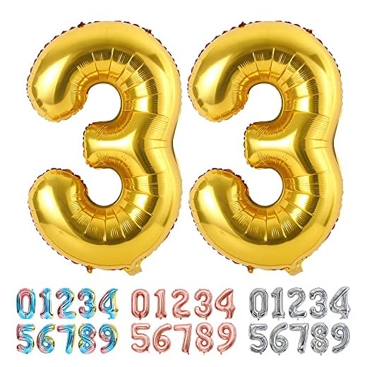Ponmoo Foil Globo Número 33 Dorado, Gigante Numeros 0 1 2 3 4 5 6 7 8 9 10-19 20-29 30-39 40 50 60 70 80 90 100, Grande Globos para La Boda Aniversario, Globo de Cumpleaños Fiesta Decoración