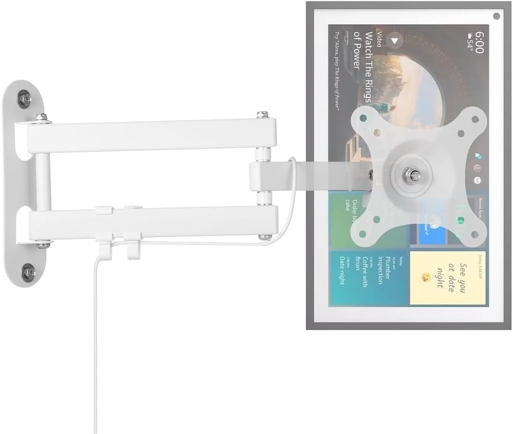 Wall Mount for Echo Show 15, Wall Bracket for 15 to 28 Inches Monitors, Adjustable Mounting Bracket with 3.5 to 16.5 Inches Extension, Rotate 360 Degrees, Tilt, Swivel, White
