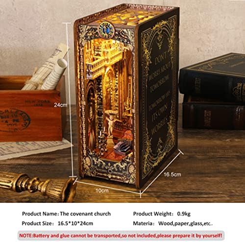 CUTEROOM DIY Book Nook Kit - 3D Wooden Puzzle Book Nook Bookshelf Insert with Furniture and LED Light, DIY Miniature Dolls House Kit, Model Kits for Adults to Build
