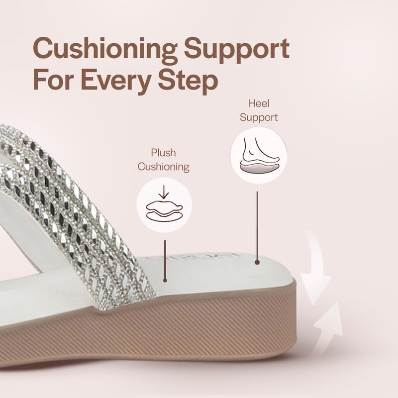 Image of FAUSTO Women T-Strap Slip On Ethnic Sandals with Rhinestone Strap | Wedge Ortho Slip-On Slippers | Perfect for Wedding, Festive Outfits