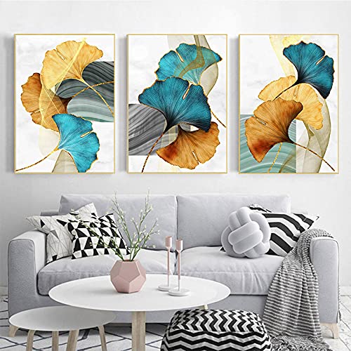 Affiche fleur feuille bleu vert jaune pour salon moderne art mural scandinave grand format x3