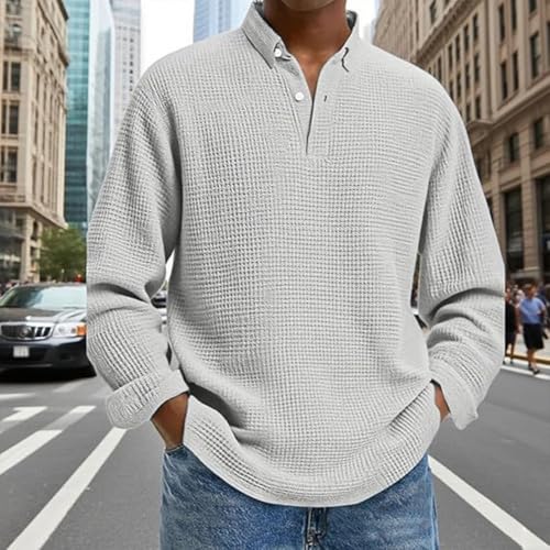 Mokaloha Mens Long Sleeve Shirts Waffle, New Men's Simple Solid Color Waffle Lapel Long Sleeve Polo Shirt4