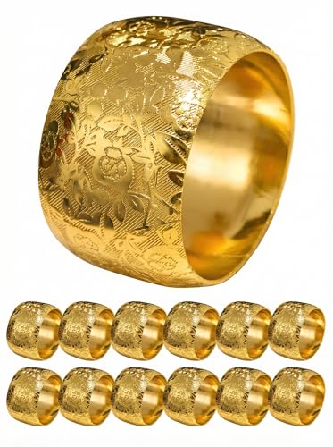 Gold Napkin Rings Set of 12,Gold Metal Napkin Holder for Table,Embossed Floral Pattern,Metal Serviette Rings for Dining Table Setting, Holiday Parties, Banquets & Gift Idea (12PCS)