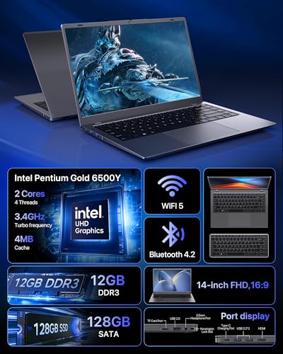 Image of 2026 Laptop, Pentium Gold 6500Y Processor(Up to 3.4GHz),12GB RAM 128GB SSD,14 Inch FHD IPS Display, 5000mAh Battery,Type-C,Portable Laptops Computer for Business Office Home