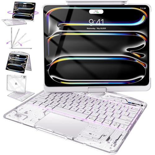 Image of Intermerge Transparent Keyboard Case for iPad Pro 11 inch(M5,2025 / M4,2024), 360 Swivel Multi-Touch Trackpad, 7-Color RGB Backlit, Pencil Holder, Type-C, Power Indicator, Frost Pulse