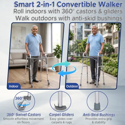 Image of KosmoCare Deluxe Folding Walker with added accessories - 360 swivel wheels and carpet gliders.