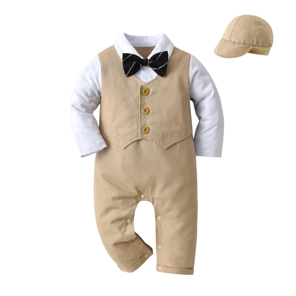 Lito Angels Baby Boys Tuxedo Romper Infant Onesie Gentleman Bodysuit Formal Outfit Suit with Hat Age 6-12 Months, Khaki (Tag Number 80)