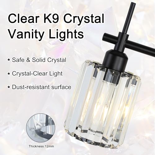 Image of Black Bathroom Vanity Light, 3-Light Bathroom Lighting Fixtures Over Mirror, Modern Crystal Wall Sconces with Crystal Clear Shades for Bedroom Living Room