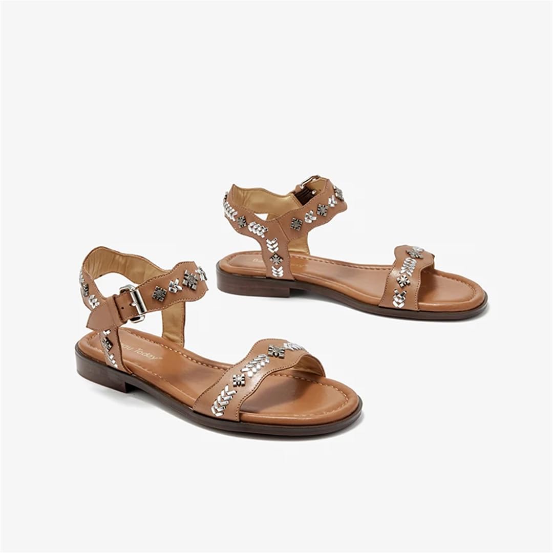 Sandalias de verano para mujer, con correa trasera, tacón redondo, con correa al tobillo, de piel de vaca auténtica, decoración de metal, sandalias casuales de verano