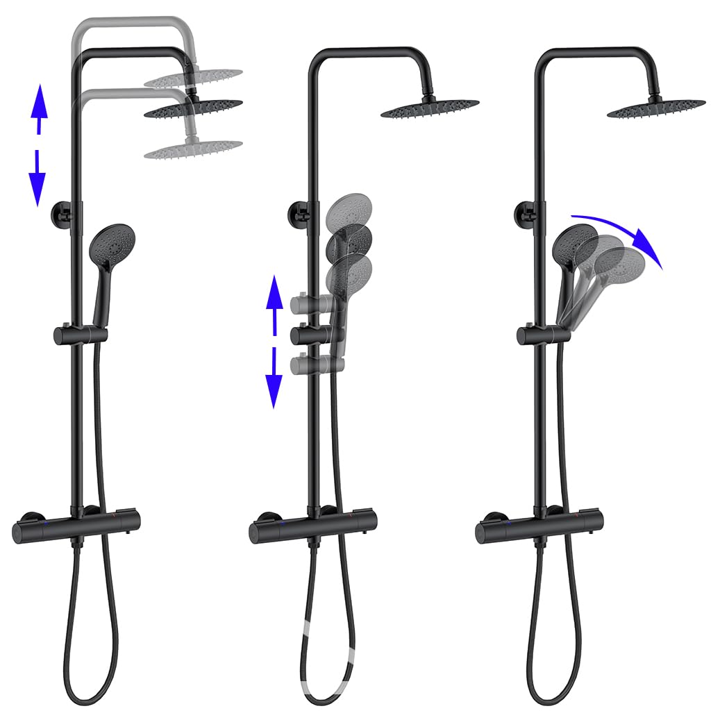 Colonna Doccia AICA ITALY con Rubinetto Termostatico Diam. 40mm Nero Opaco | Soffione doccia Rotondo da 20cm, Doccetta a Mano ha 3 Modi di Getti, Saliscendi Doccia Regolabile 73-117cm in Altezza