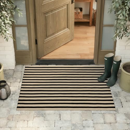 KIMODE Striped Outdoor Rug 27.5x43 Inches, Machine Washable Fall Front Porch Rug, Black and Khaki Front Door Mats, Hand Woven Welcome Layered Doormat Entryway Rug for Entrance, Doorway