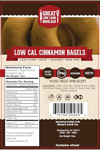 Great Low Carb Cinnamon Bagels 70 Calorie Version 2 Bags, 4 bagels per bag, 0 Net carbs