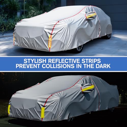 Image of Car Cover Waterproof All Weather, 6 Layers Full Exterior Covers with Zipper Cotton, Mirror Pocket. Outdoor Car Cover UV Snow Rain Wind Dust All Weather Outdoor Protection for Sedan (196-210 inch)