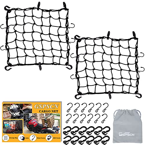 GSPSCN 2pack 16'x16' Cargo net Motorcycle, Latex Heavy Duty Bungee Cord Net Stretches to 47'x47', Thicken Luggage Netting with 2'x2' Mesh&24 Hooks for Motorcycle, Bike, ATV, Roof, Trailer