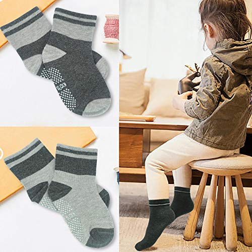 Image of Tphon 12 Pairs Toddler Non Skid Socks with Grips Anti Slip Bottom, Cotton Non Slip Ankle Crew Socks for Boys, Girls, Kids(1-7Years)