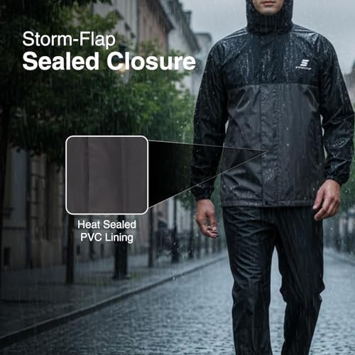 Image of Amazon Brand - Symactive Raincoat for Men and Women | Waterproof Jacket and Pant Set | Polyester with PVC Coating | Seam Sealed | Hooded with Reflective Trim | Black & Grey, S