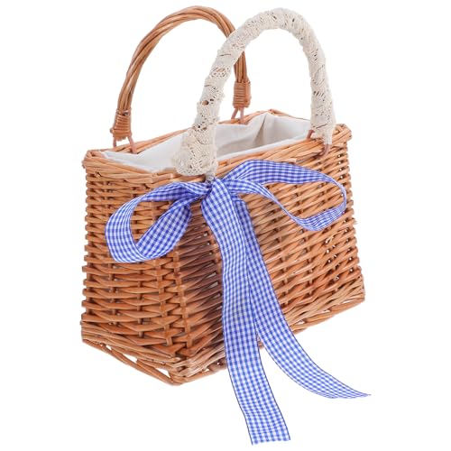 Mobestech Handwoven Wicker Flower Basket Handbag for Women Vintage Rattan Tote Bag for Beach Square Straw Purse Unique Ribbon Design for Organizing Essentials