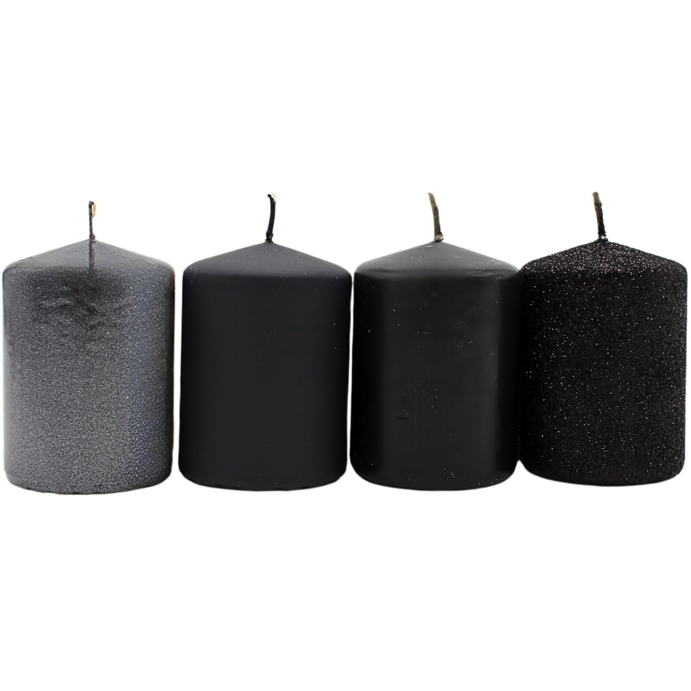 Dekohelden24 Advent Candles, Pillar Candles, Black Glitter, 4 Pieces, 5 x 5 x 7 cm