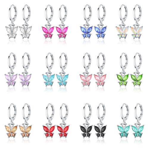 12 Pairs Hypoallergenic Butterfly Earrings Pack Crystal Dangle Hoop Earrings for Girls Teens Kids Cute Girls Earrings Set Sparky Birthstone Jewelry Gift