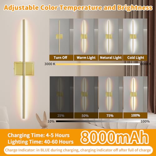 Image of Wall Sconces Set of 2 Battery Operated, 8000mAh USB Rechargeable Wall Sconce with Remote Control, 360Rotate Dimmable 3000K-6000K LED Dimmable Picture Lamp for Living Room, Bedroom, Hallway (28inch)