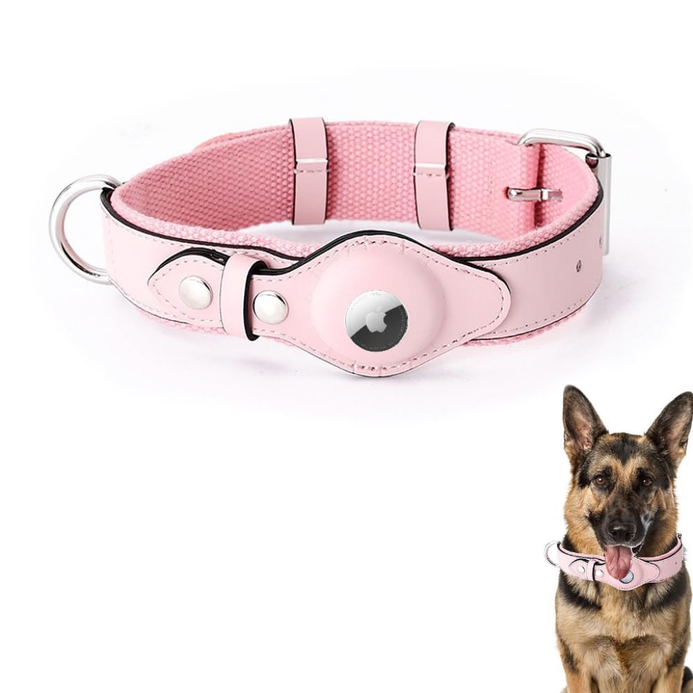 AirTag Collare per animali domestici regolabile con fettuccia in pelle morbida per AirTag offre una doppia protezione e durata per cani di piccola media e grande taglia(Rosa,M)