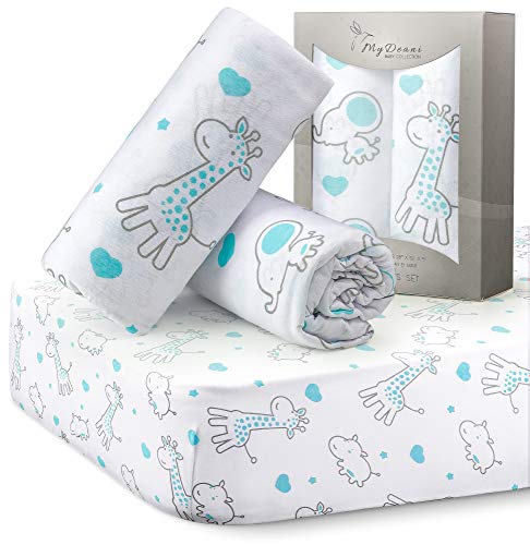 Crib Sheets for Baby Boys and Girls, Unisex, Ultra Soft Jersey Knit Cotton, Fits Standard Crib and Toddler Mattresses, Size 28in x 52in, 2 Pack Set, Mint Elephants & Mint Animals Nursery Sheet