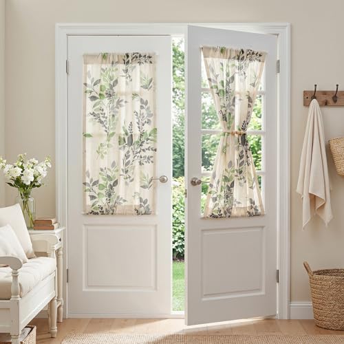 Image of MYSKY HOME Floral Linen French Door Curtains 40 inch Long 2 Panels for Front Door Light Filtering Privacy Semi Sheer Window Curtains with Rod Pocket, Green, 24 inch W Each Panel