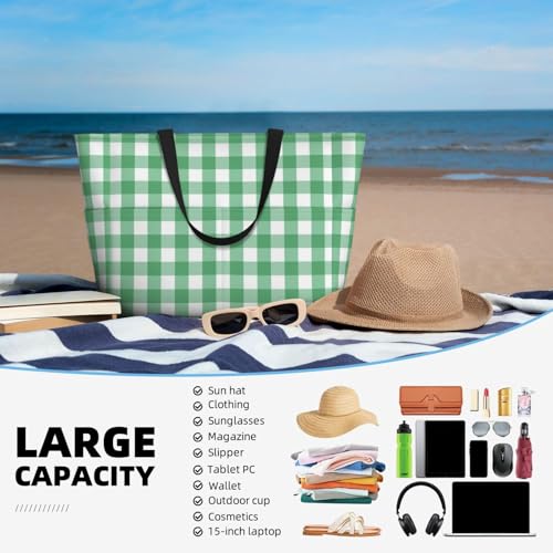 Waterproof Sandproof Beach Bag Gingham White Green Plaids Checkered Swim Large Tote Pool Bag For Women With Zipper4