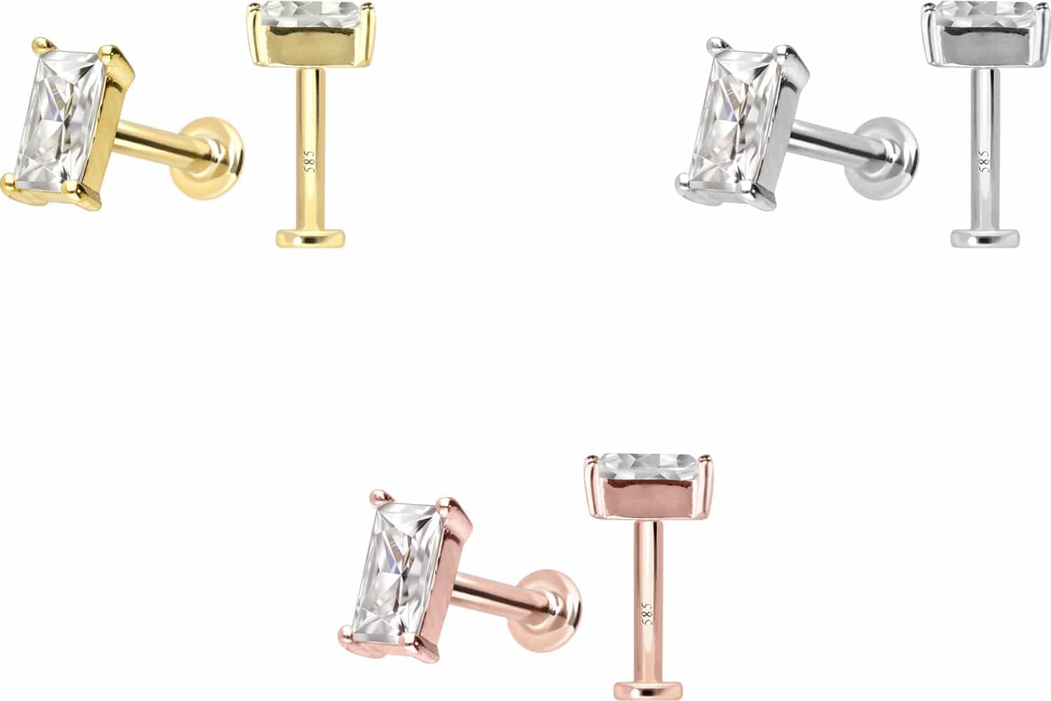 PIERCINGLINE Piercing Stecker 14 Gold Labret mit Innengewinde MOISSANIT-RECHTECK 585er Gold - Roségoldfarben, Goldfarben, Silberfarben