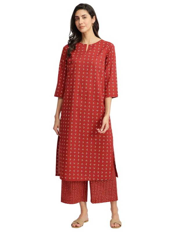 Women Casual Cotton Tribal Print Kurta Set | Straight Fit 3/4th Sleeve 2 Functional Pockets Kurta Relaxed Fit Ankle Length 2 Functional Pockets Pants | Red-image-13