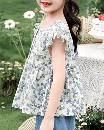 Girls Summer Short Sleeve Tops Cute Ruffle Square Neck Peplum Shirts Casual Cotton Smocked Blouse 2-12 Y3