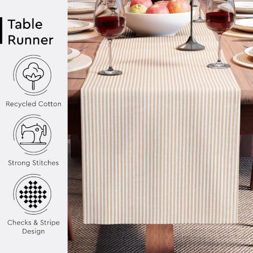 Image of Encasa XO Cotton Table Runner for 8 to 10 Seater | Size 13x120 in | Ticking Beige - Machine Washable & Durable