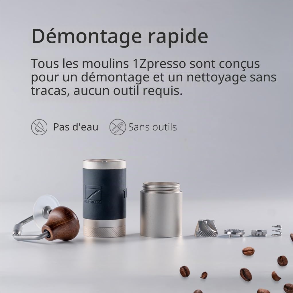Moulin à café Manuel 1Zpresso J Argent avec assemblage Fraise conique en acier inoxydable – Réglage interne numérique réglable, moulin portable plus rapide pour broyer grossièrement pour filtre