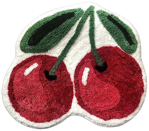 Lupidyyxun Cherry Bath Mat for Bathroom Non Slip Cute Bath Mats Fruit Shaped Absorbent Bath Rugs Bathroom Tub Plush Shower Rugs Washable Carpet for Kids Room (Cheery)