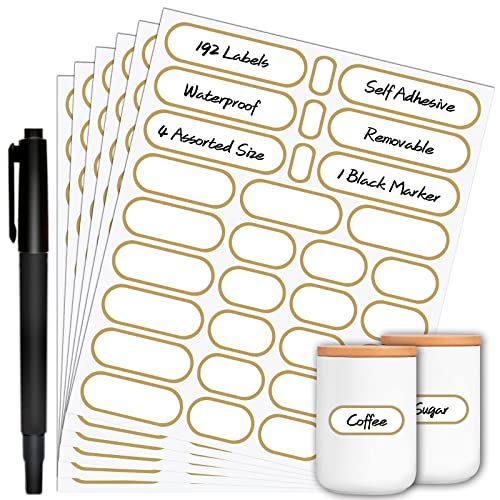 Nardo Visgo 192pcs Labels for Jars with Marker,Waterproof Bottle Labels Removable Write-On Kitchen Pantry Label Stickers with Gold Border in 4 Sizes