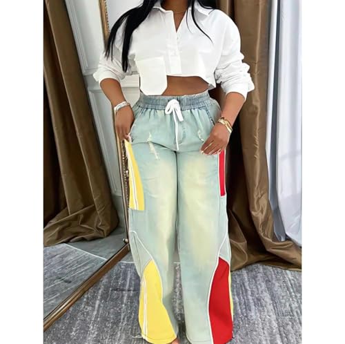 Womens Color Block Patchwork Denim High Waisted Wide Leg Pants Jeans4
