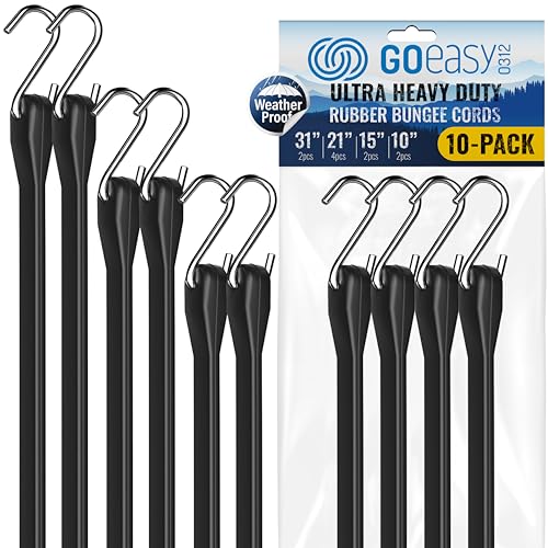 GOEASY0312 Rubber Bungee Cords with Hooks - Heavy Duty Max Stretch 1.8X & Over 180 LBS Load, 100% EPDM Bungee Straps, 10