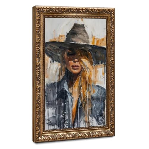 Toile cowgirl blonde au chapeau de cowboy pour une ambiance country salon