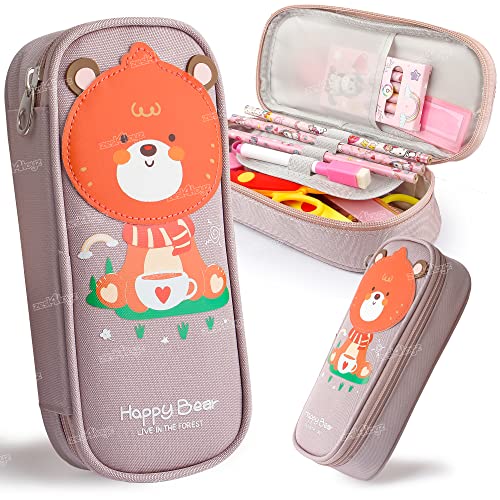 Image of Zest 4 Toyz Expandable Cute Bear Pencil Case | Pencil Pouch for Boys & Students | Large Capacity Compass Box Pencil Case for School | Big Stationery Organizer Pen Bag with Mesh Pocket