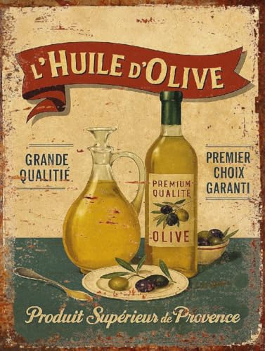Plaque Métal Vintage Huile d’Olive – Déco Murale Cuisine Méditerranéenne (15x20cm)