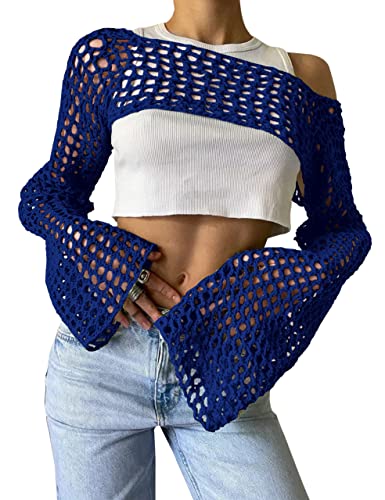 Image of PICPUNMAK Women Grunge Crochet Knit See Through Crop Top Cover Up Shrug Long Sleeve Crew Neck Casual Cropped Smock Tops Blue