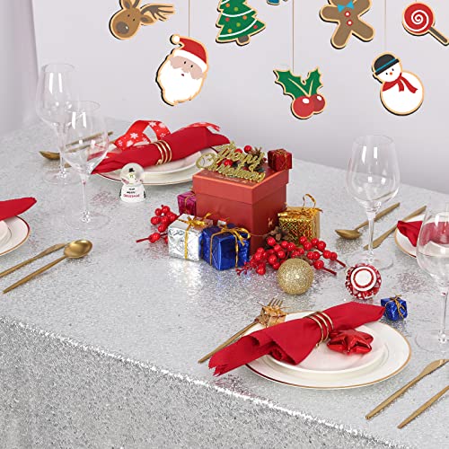 Image of B-COOL Silver Sequin Table Cloth Christmas 90x156 Inch Rectangle Sequin Tablecloth Halloween Silver Seamless Table Linens Christmas Glitter Tablecloth Wedding Event Decorations